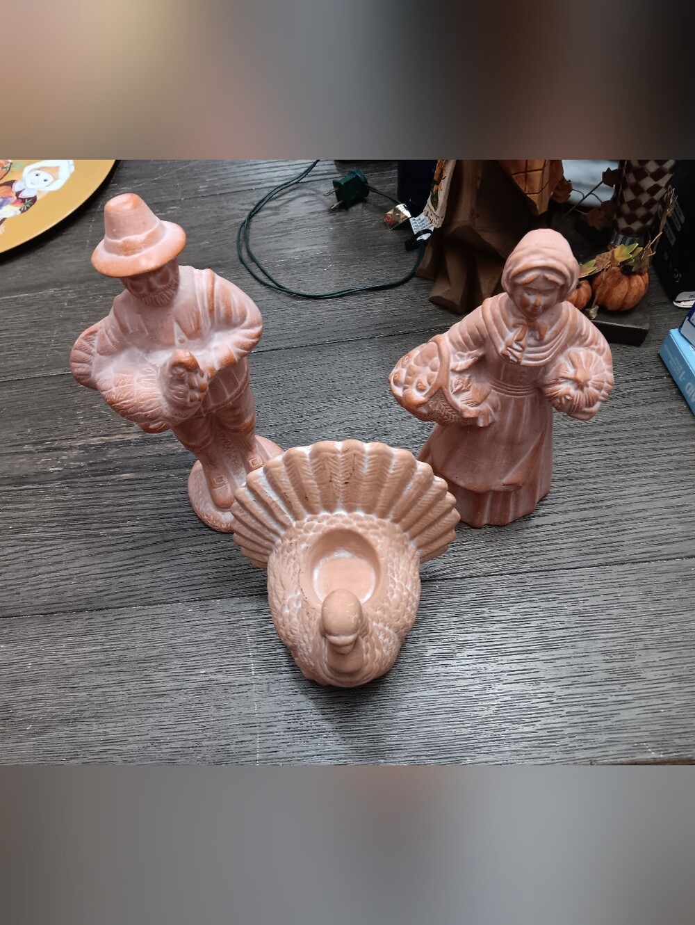 Unk Terracotta-Colored Harvest Couple and Turkey Figurine Set